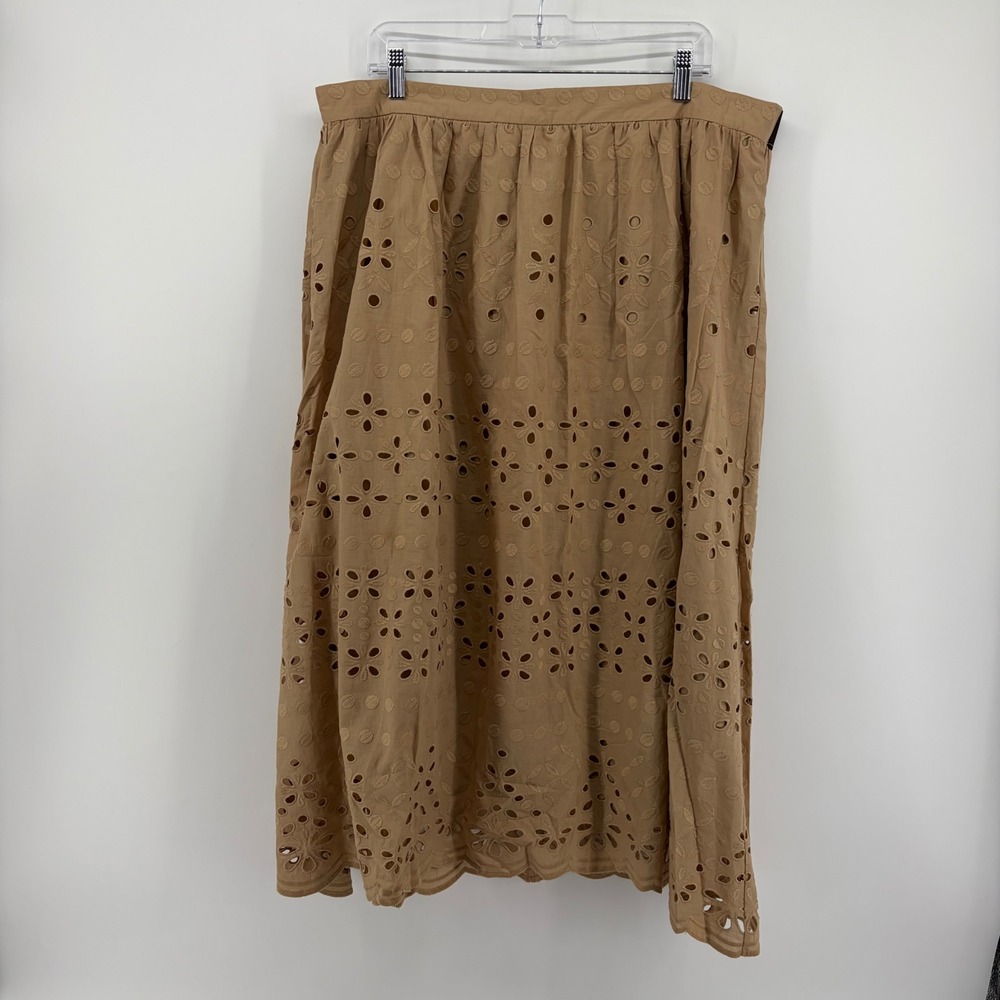 Ann Taylor Womens 16 Tan Midi Skirt Eyelet Embroidered Scalloped Cotton A-Line